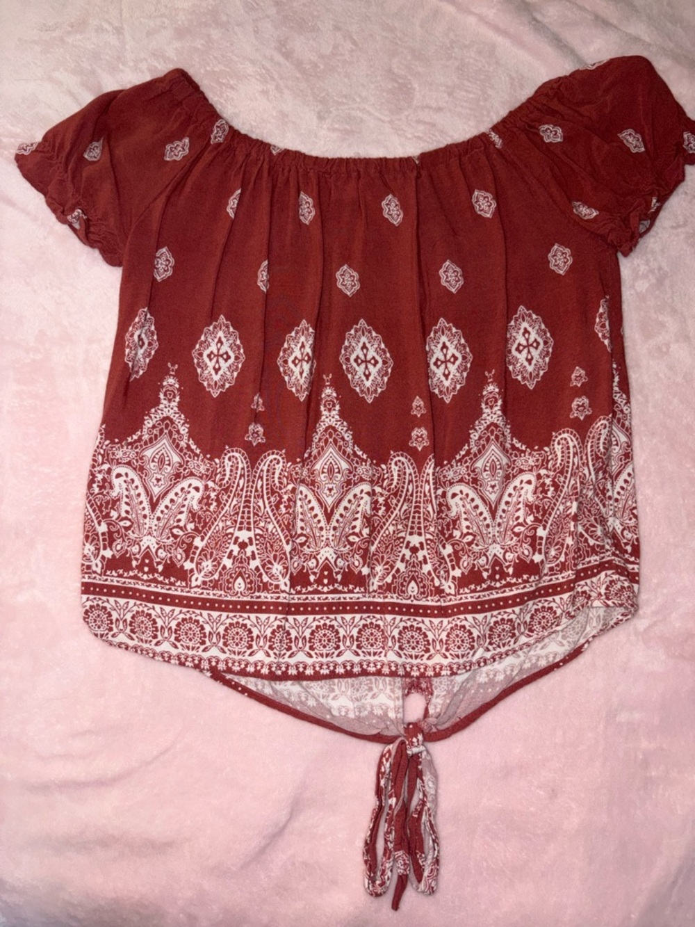 Love Tree Rust Red Off-Shoulder Tie-Hem Blouse with White Paisley